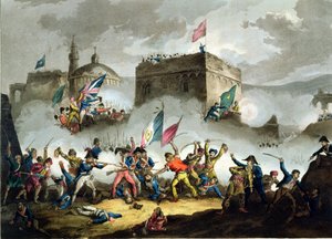 Defesa da violação em St. Jean d&39;Acre, 8 de maio de 1799, de "As conquistas marciais da Grã-Bretanha e seus aliados de 1799 a 1815", por James Jenkins, gravado por Thomas Sutherland (bc1785) pu
